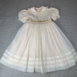 Vintage 1990’s Smocked Girls Dress Size 4 Cream & Coral Gauze Lace Layered Party